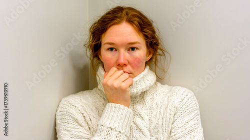 Anxious woman stands in a corner, looking worried with her hand at her mouth.