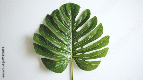 A vibrant green monstera leaf is centered against a crisp white background.