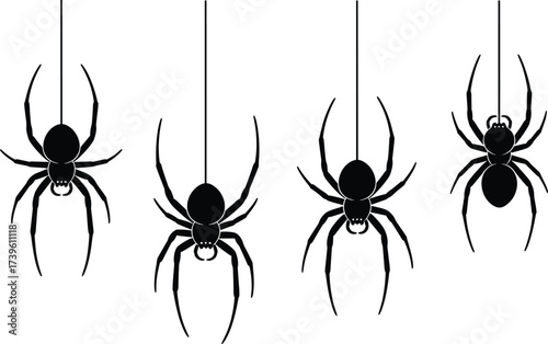 Spider silhouette vector set, hanging spiders on threads, black insect shapes, white background, Halloween decoration, creepy design, symmetrical posture illustration