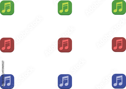 Set of 9 music note icons in green, red, and blue, ideal for audio, songs, melody, sound, and music-related designs.