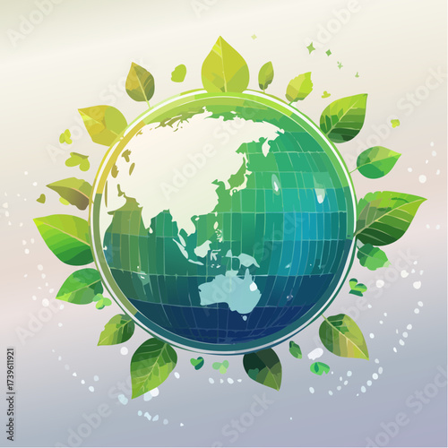 Eco Earth Globe with Green Leaves, Sustainable World Concept