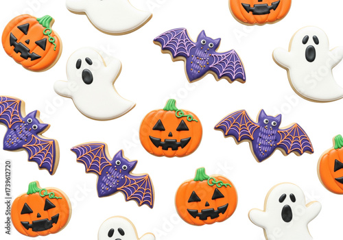 Delightful Halloween Treats: Frosted Jack-o'-lantern, Ghost, and Bat Sugar Cookies on White Background