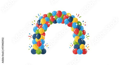 Festive balloon arch with vibrant colors and confetti celebrating a special occasion or event