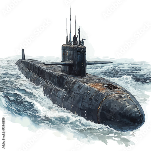 Submarine, watercolor vector, isolated on a white background.