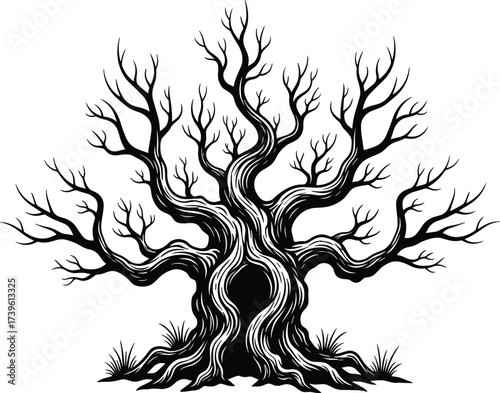 Twisted tree silhouette vector, leafless branches, dramatic trunk design, artistic nature illustration, surreal symmetry, white bark lines, eerie botanical concept, grass base