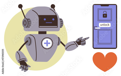 Robot with medical symbol pointing to locked door labeled unlock, symbolizing assistance, AI, access, or caregiving. Ideal for technology, healthcare, safety, automation AI help innovation