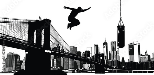 Urban man jumping with energy near Brooklyn Bridge, boxing bag hanging, New York city skyline, fitness strength training, sport action illustration