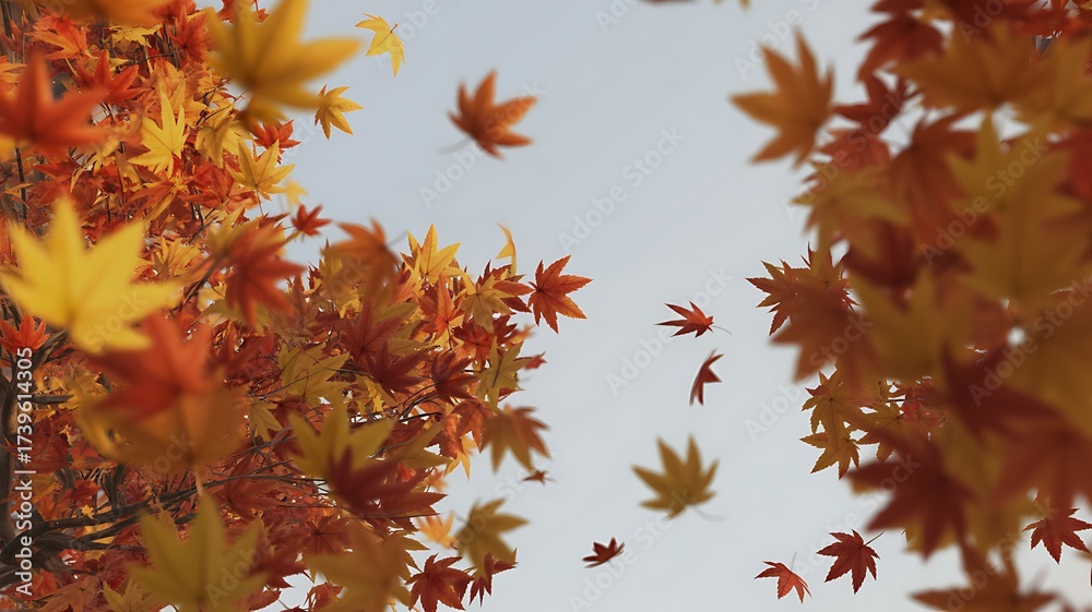 Autumn leaves falling against a pale sky nature