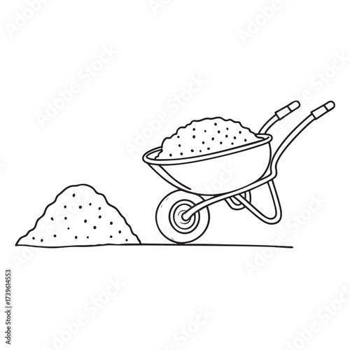 A wheelbarrow beside a pile of soil