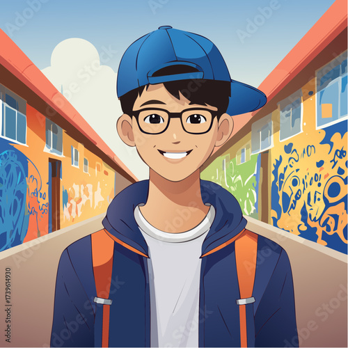 Smiling young man wearing glasses standing in urban alley with graffiti art