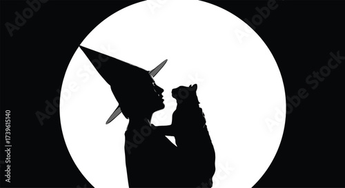 Witch silhouette holding cat, full moon background, mystical Halloween vector illustration, spooky seasonal design for holiday decoration, fantasy folklore and magical celebration themes