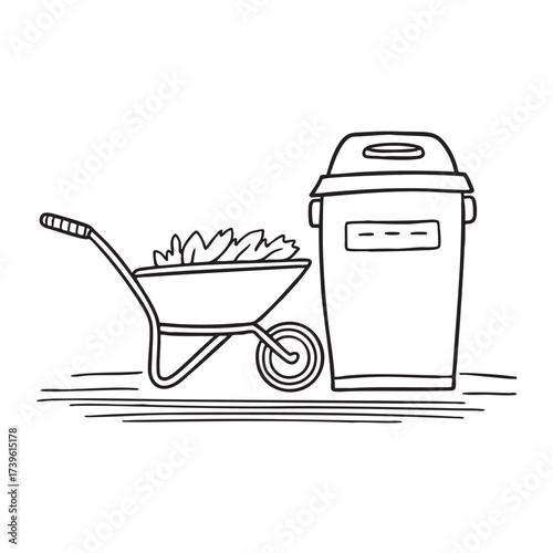 A wheelbarrow close to a compost bin with leaves scattered around