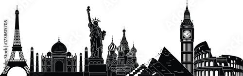 World famous landmarks silhouette, global architecture icons, travel destinations, cultural heritage, black and white vector illustration, international monuments skyline art