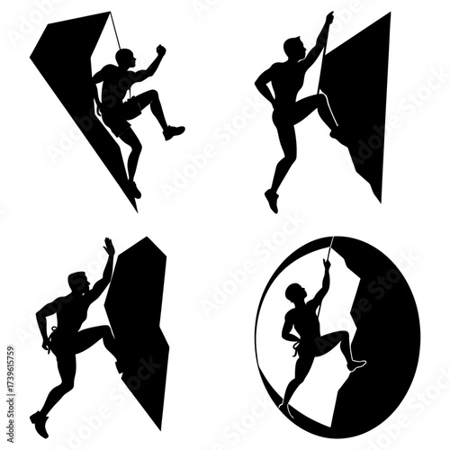 Silhouettes of climbers ascending rocks with ropes in various poses against a white background image art