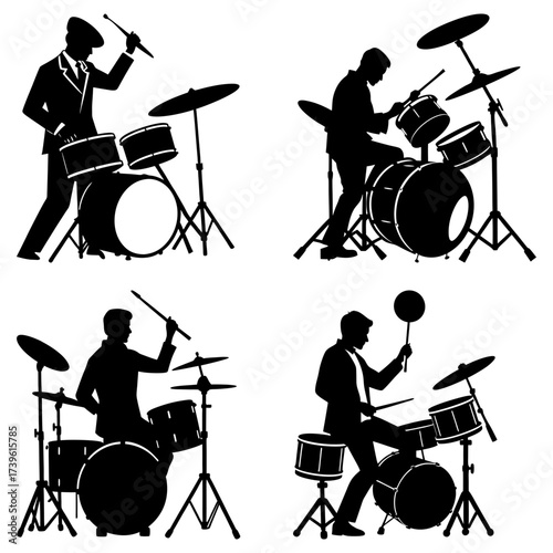 Four silhouettes of drummers playing drum sets with cymbals and drumsticks in a musical performance