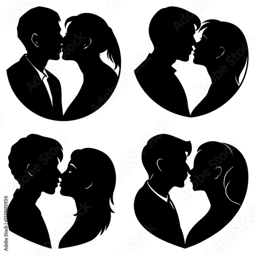 Silhouette illustrations of couples kissing in various poses and heart shaped backgrounds design stock image