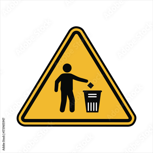 Waste Disposal Warning Sign – Person Throwing Trash Icon in Yellow Triangle