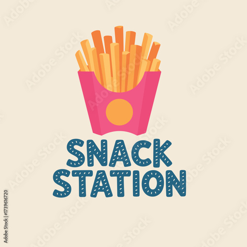 A Colorful Snack Station Display Featuring a Container Filled with Golden French Fries on a Light Background, Perfect for Craving and Enjoying Tasty Treats.
