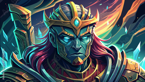 Close-up portrait of legendary warrior statue, glowing sword reflection, surreal stone face, fantasy aura, dreamlike expression, mythical hero, imaginative details, epic character artwork, powerful 