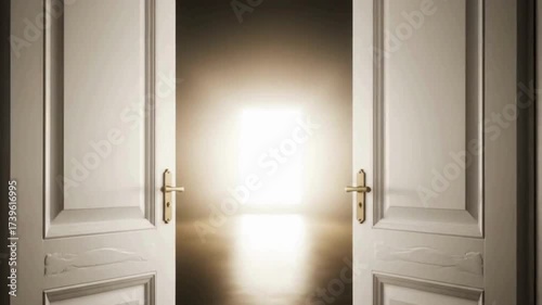 cinematic video of elegant double doors slowly opening to reveal a bright glowing light, symbolizing opportunity, hope, new beginnings, success, spiritual awakening, and the path to the future.