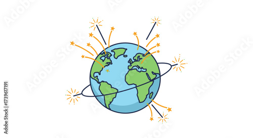 Global celebration cartoon earth with sparklers, representing global festivities and global outreach