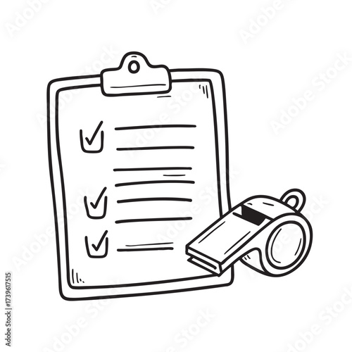 A whistle close to a clipboard filled with training notes