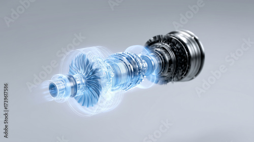 Modern jet turbine cutaway with holographic digital twin visualization, aerospace engineering and propulsion system concept jet turbine, aerospace engineering, digital twin, cutawa