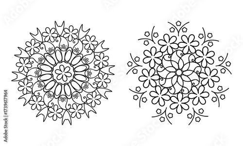 Two floral mandala designs in black and white for coloring books and relaxation