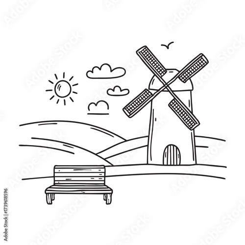 A windmill beside a bench overlooking the rolling hills