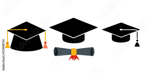 Graduation hat cap icons set. Academic cap. Graduation student black cap and diploma - stock vector.icon .graduation student vector svg design
