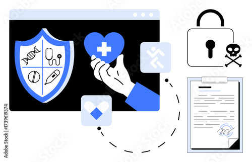 Shield with medical icons, healthcare hand holding heart, digitized document, lock, and cybersecurity threat symbol. Ideal for healthcare security, ethics, digital data, medical innovation