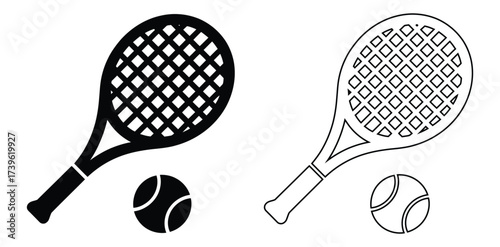 Tennis racket and ball ready for a vibrant, energetic match.Tennis racket icon vector. Racket with ball on court. Tennis accessory. Silhouette racquet for sport. Vector illustration.