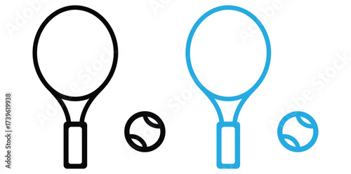 Tennis racket and ball ready for a vibrant, energetic match.Tennis racket icon vector. Racket with ball on court. Tennis accessory. Silhouette racquet for sport. Vector illustration.