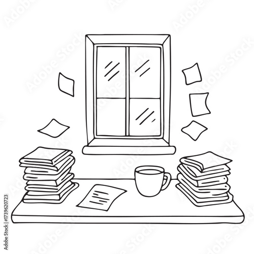 A window near a desk with scattered papers and a coffee mug
