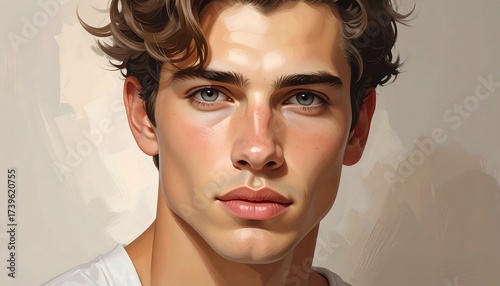 Portrait of a Handsome Young Man with Curly Hair and a Calm Expression