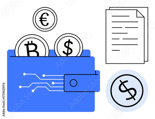 Blue wallet containing Bitcoin, Euro, Dollar coins connected circuit design financial papers and Dollar sign icon. Ideal for cryptocurrency, fintech, finance, payments, savings, economy technology
