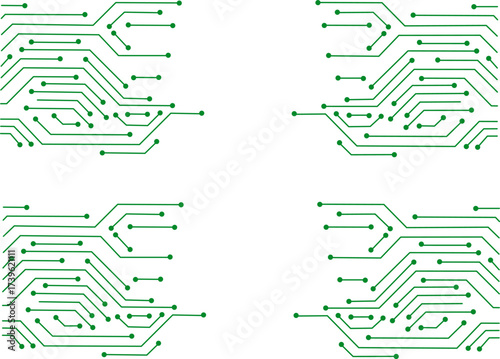 Abstract green circuit board pattern on white background. Futuristic digital technology design with electronic lines, connections, and network concept illustration.
