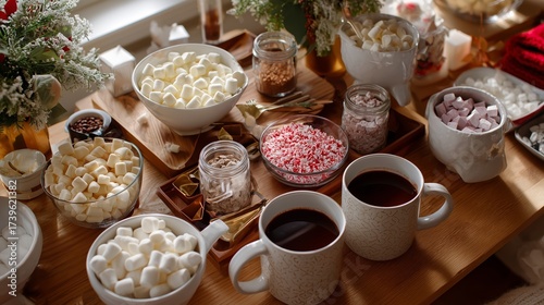 Fototapeta Naklejka Na Ścianę i Meble -  Hot chocolate bar with various toppings and warm drinks during winter gathering