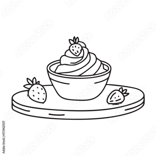 Whipped cream topping a bowl of strawberries on a wooden tray