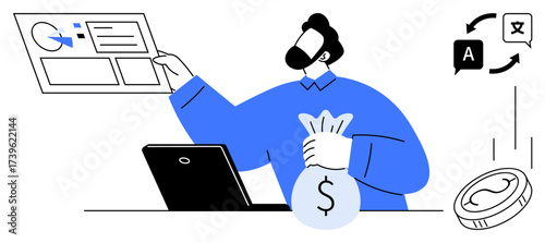 Professional managing data on laptop with charts, holding money bag, and multilingual translation flow. Ideal for finance, business, technology, communication, translation, analytics globalization