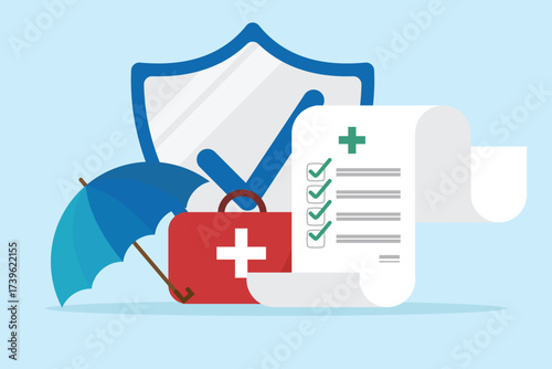 Health insurance and healthcare concept. Medical security for risk management. Health prevention planning. Insurance document with shield and umbrella and Medicare icon vector flat design.
