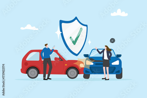 Car insurance, Car accident and Personal accident insurance concept. Characters standing near car crash and calling to insurance agent or company to services vector illustration flat design.
