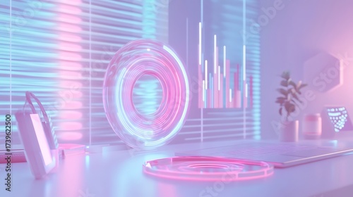 Layered holographic pie charts and line graphs spinning in mid-air over a minimalist digital workspace with a cool white and neon blue tone 