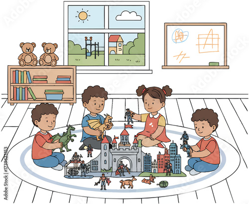 Children playing with toys together on a round rug in a brightly lit playroom, fostering imagination and friendship in a cheerful atmosphere.