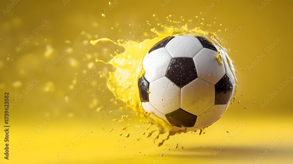 Naklejka premium Dramatic image depicts a classic black and white soccer ball bursting through a vibrant splash of bright yellow liquid against a monochromatic backdrop.