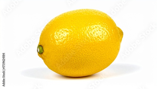 Describe a bright yellow lemon with textured skin and green stem nub on a white background. Highlight its fresh appearance, glossy surface, and relevance to health, flavor, and culinary use.