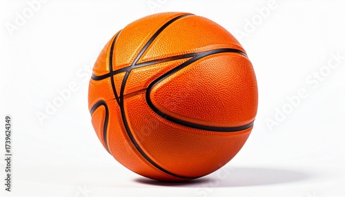 Describe an orange basketball with black lines and textured surface on a white background. Highlight its grip, classic design, and relevance to sports, fitness, and athletic branding.