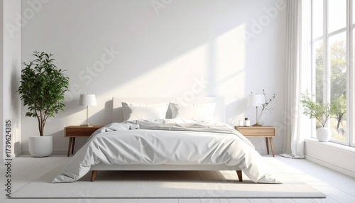 Describe a modern bedroom with white bedding, headboard, pillows, and cushions on a white floor and walls. Highlight its minimal design, serene atmosphere, and contemporary aesthetic.