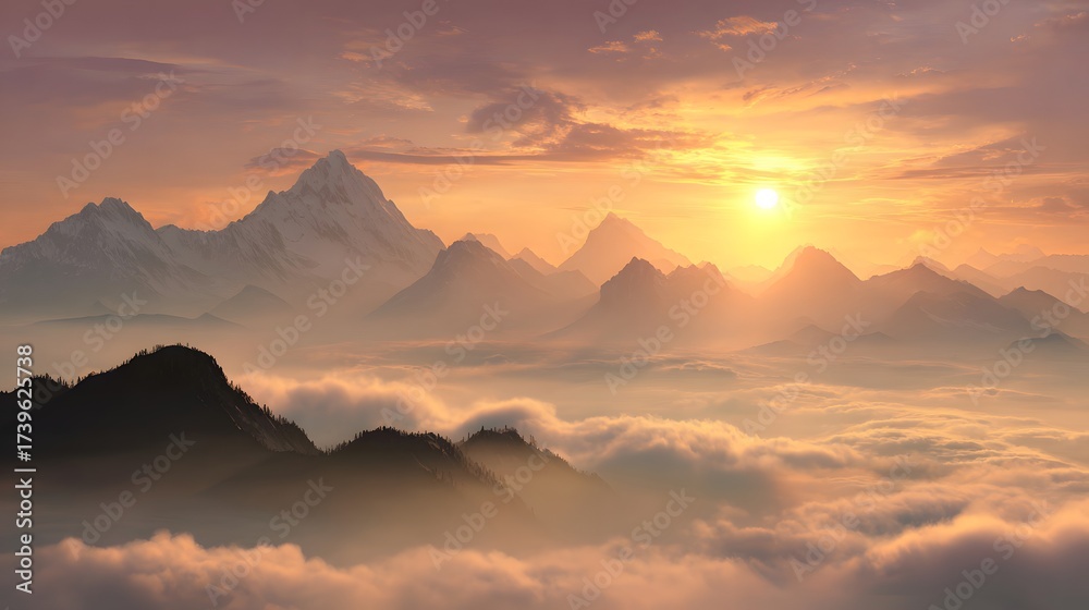 Fototapeta premium Majestic mountain range illuminated by a radiant sunset, where golden sunlight cascades down on clouds, creating a serene and breathtaking landscape.