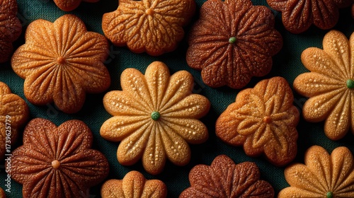 Assortment of colorful autumn-themed pumpkin-shaped cookies with textured surfaces and intricate ridges, arranged on a dark background for fall baking and holiday treats